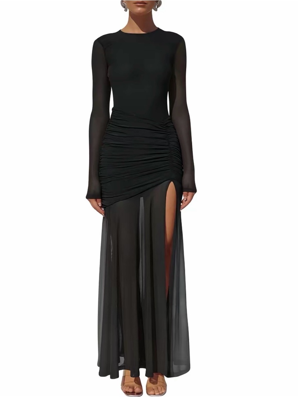 Black Ruched Mesh Maxi Dress with Slit – Size S